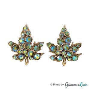 Vintage BSK Aurora Borealis Maple Leaf Gold Tone Ear Climber Clip On Earrings